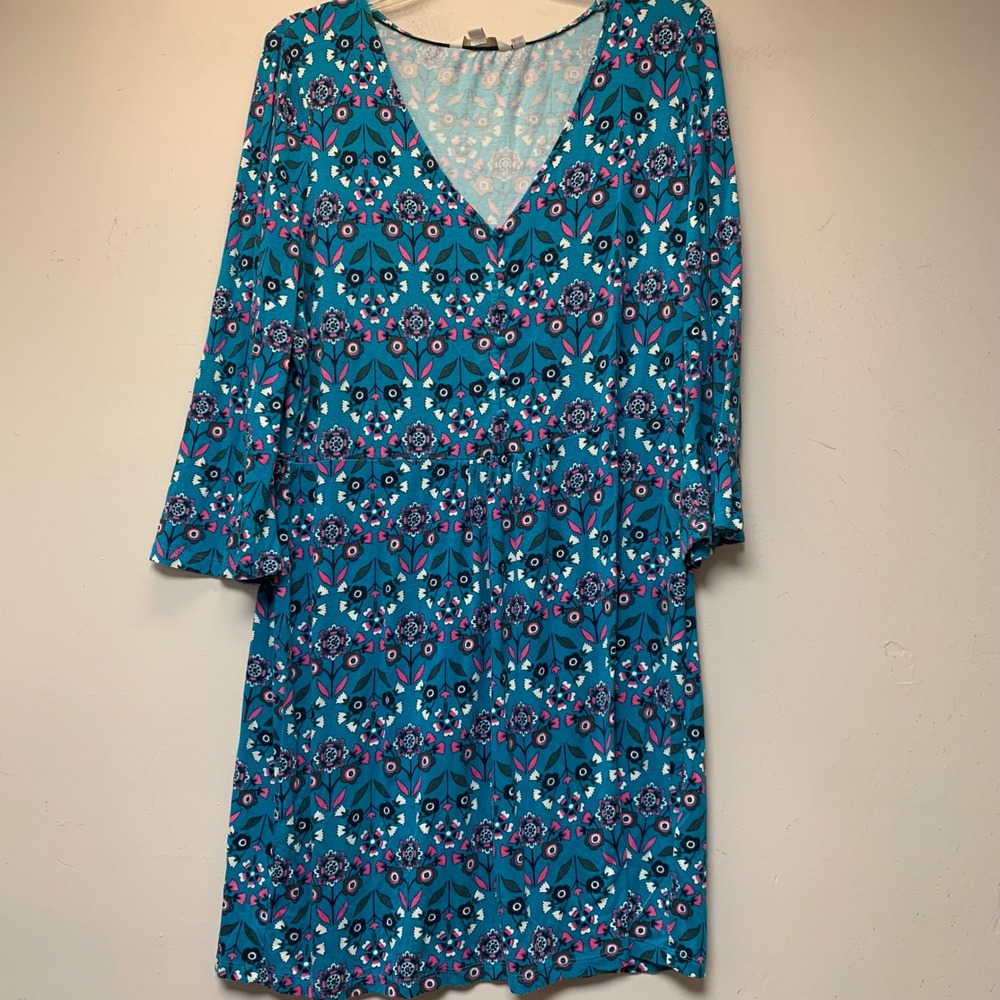 Boden Floral Fit & Flare Dress Womens 12 Blue Pink Excellent V-Neck 3/4 Sleeve